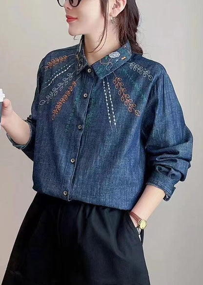Denim Blue Peter Pan Collar Embroidered Button Shirt Long Sleeve