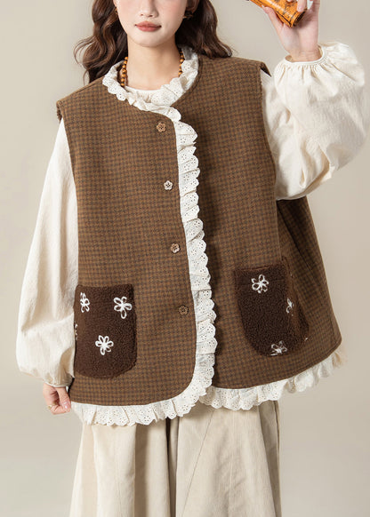 Plaid Coffee Lace Patchwork Wear on Both Sides Teddy Faux Fur Waistcoat Sleeveless