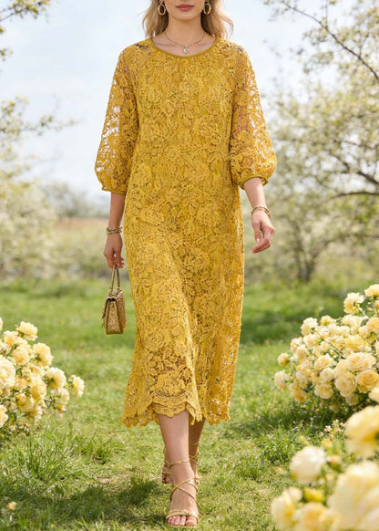 French Yellow O Neck Hollow Out Lace Dresses Summer