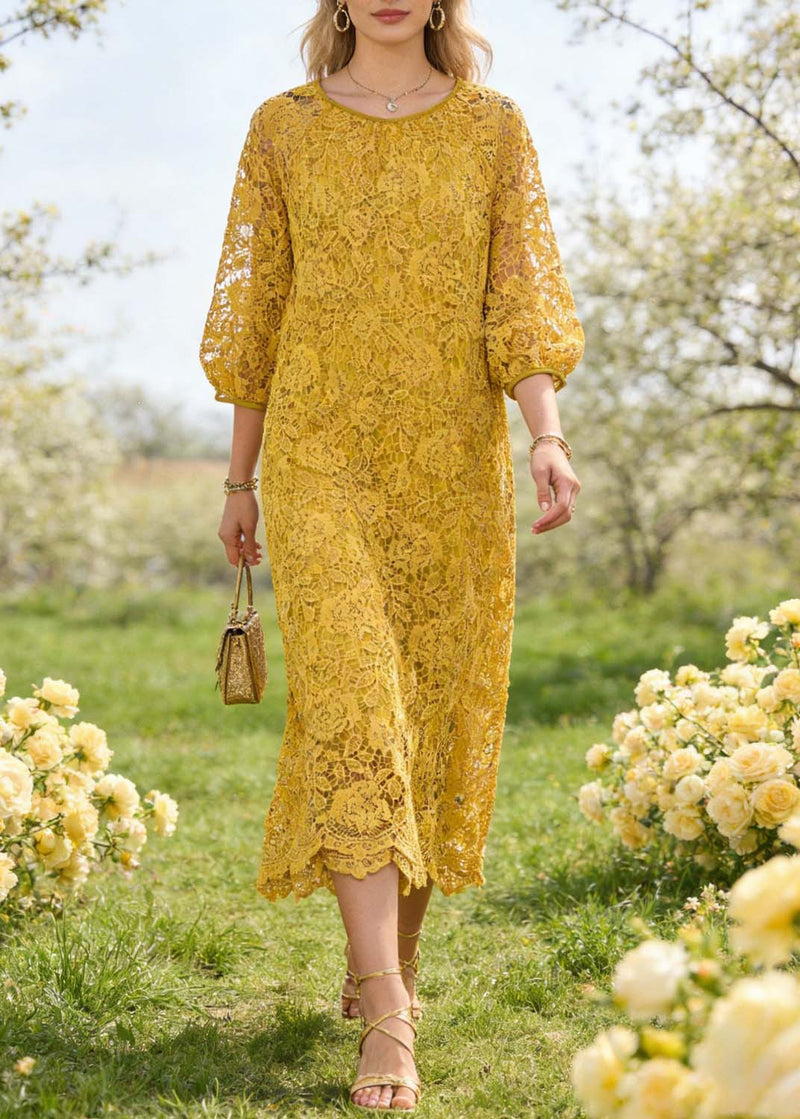 French Yellow O Neck Hollow Out Lace Dresses Summer