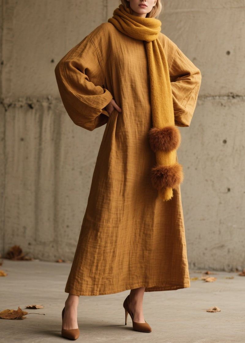 Simple Yellow O Neck Cotton Long Dress Lantern Sleeve Spring