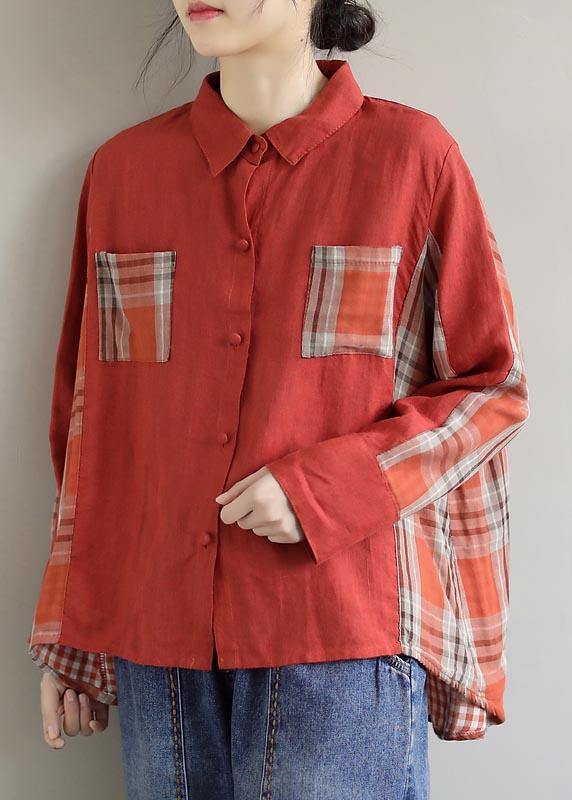Modern Red Plaid Clothes for Lapel Patchwork Spring Top