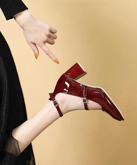 Buckle Strap Splicing Chunky High Heels Mulberry Faux Leather