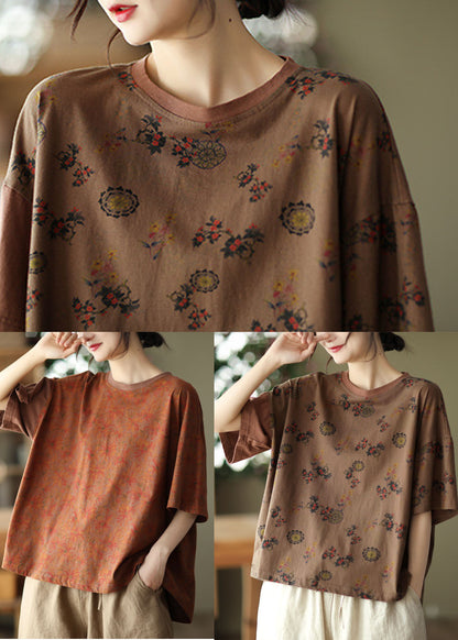 Brown Print Cotton Tanks O-neck Asymmetrical Batwing Sleeve