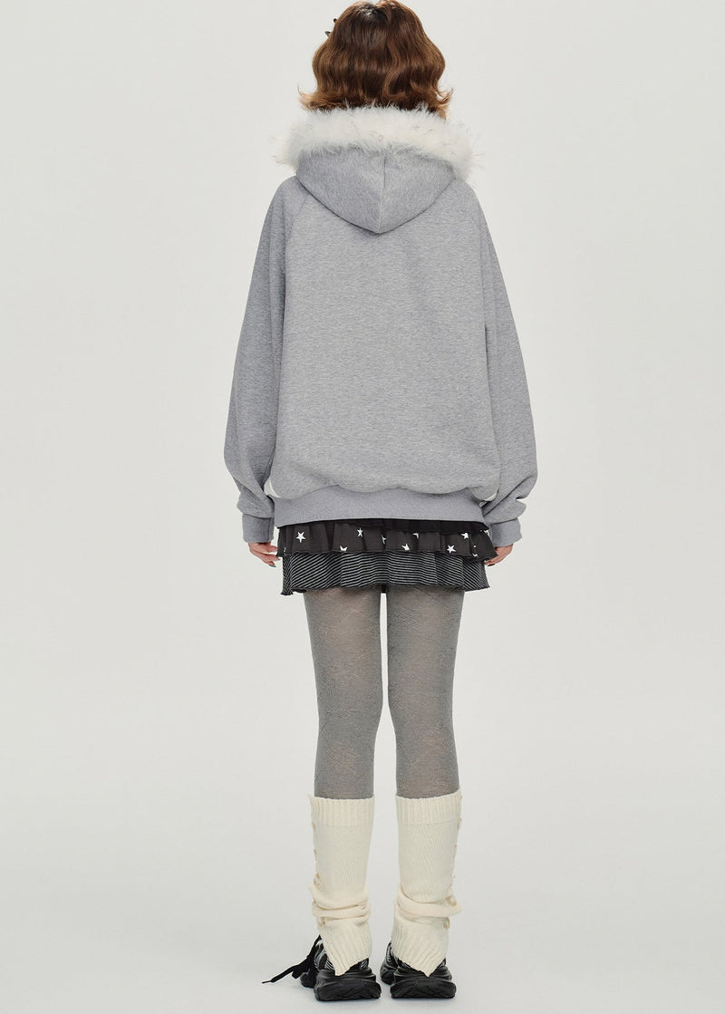 Italian Grey Hooded Print Cotton Pullover Winter