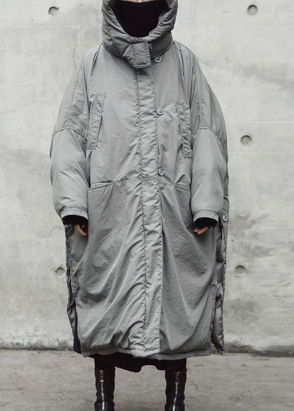 Grey Hooded Pockets Side Open Thick Winter Cotton Coat