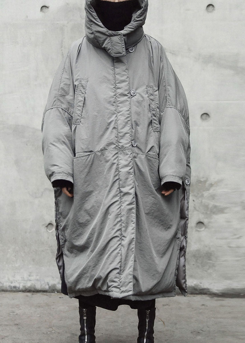 Grey Hooded Pockets Side Open Thick Winter Cotton Coat