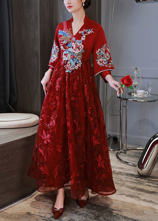 Red Embroidered Patchwork Lace Long Dress Spring