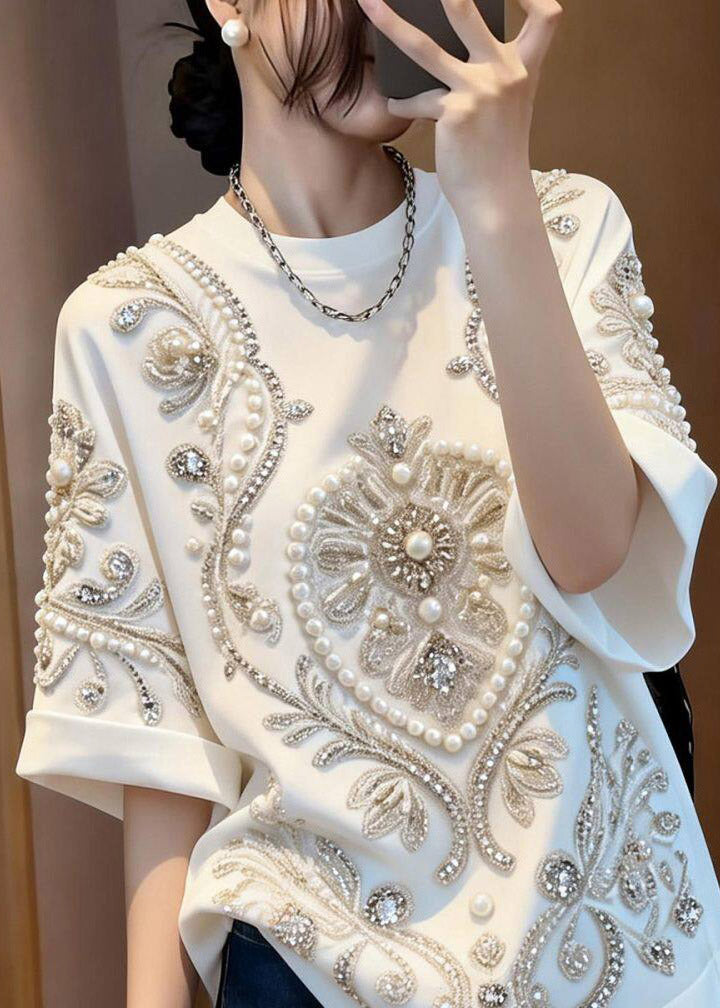 White Patchwork Nail Bead Zircon T Shirt Summer
