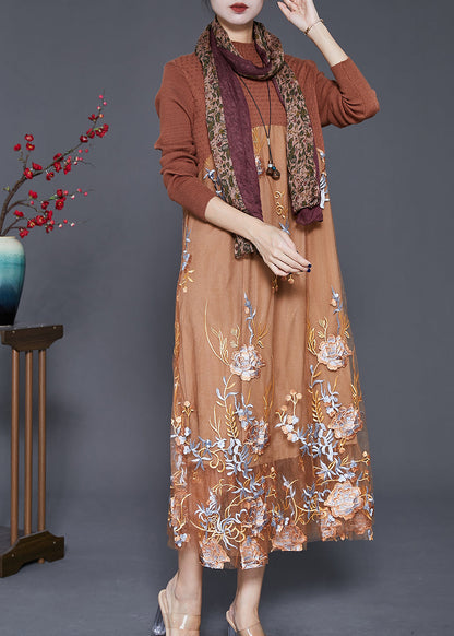 Fine Khaki Embroideried Patchwork Knit Dress Fall