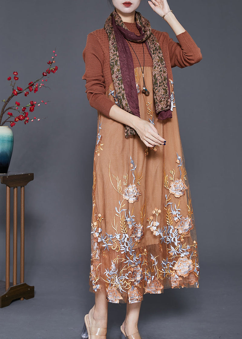 Fine Khaki Embroideried Patchwork Knit Dress Fall
