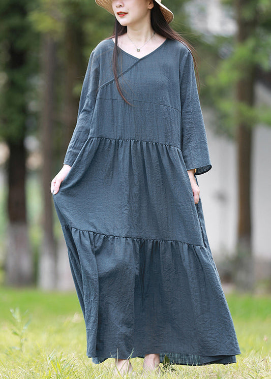 Blue V Neck Patchwork Cotton Long Dresses Spring