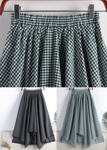 Green White Plaid Asymmetrical High Waist Cotton a Line Skirt Fall