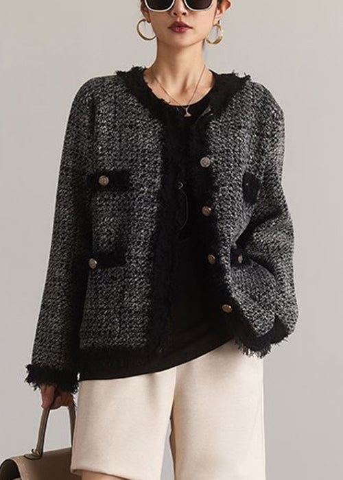 French Black O-neck Button Patchwork Cotton Coat Spring