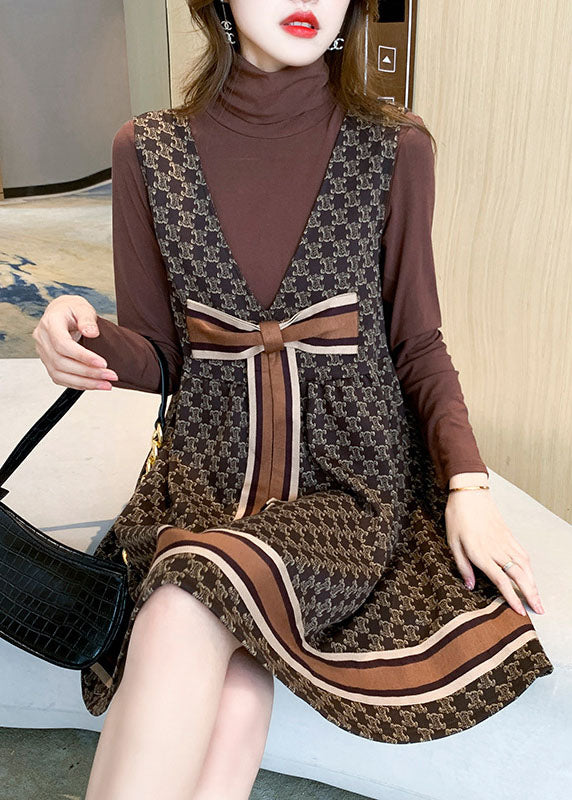 Modern Chocolate Retro V Neck Print Fall Two Piece Set Dresses