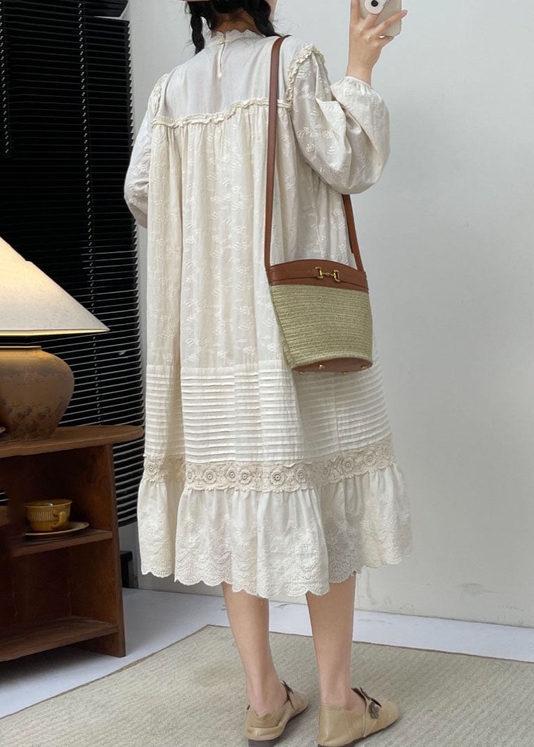White Embroidered Ruffled Patchwork Wrinkled Cotton Maxi Dress Long Slee