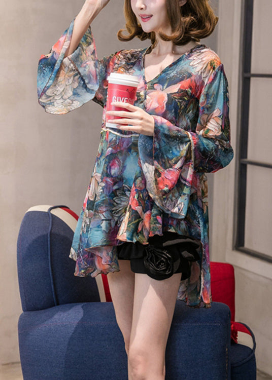 Blue V Neck Print Chiffon Shirt Tops Long Sleeve