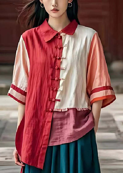 Red Asymmetrical Patchwork Chinese Button Linen Shirt Top Summer
