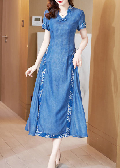 Blue Stand Collar Embroideried Butto Silk Denim Maxi Dresses Short Sleeve
