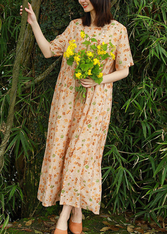 O-neck Cinched Button Print Long Dresses Short Sleeve
