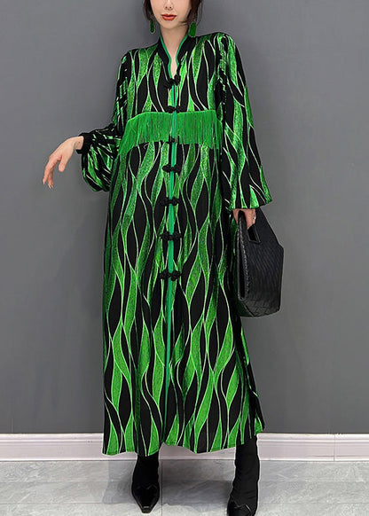 Green V Neck Patchwork Tassel Button Velour Maxi Dresses Fall