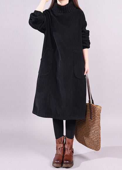 Black Turtle Neck Patchwork Warm Fleece Corduroy Dress Long Sleeve
