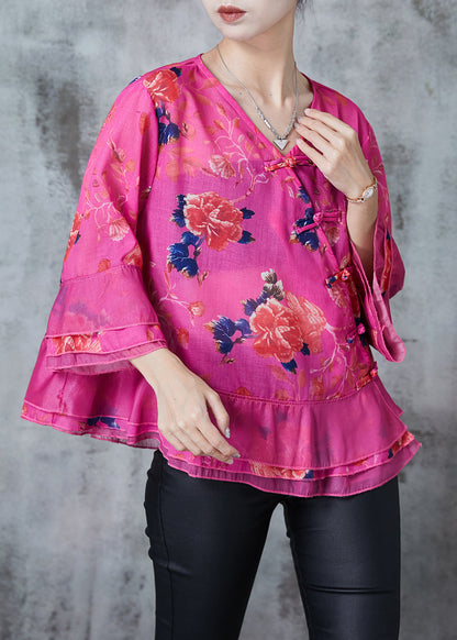 Rose Print Cotton Oriental Blouse Tops Spring