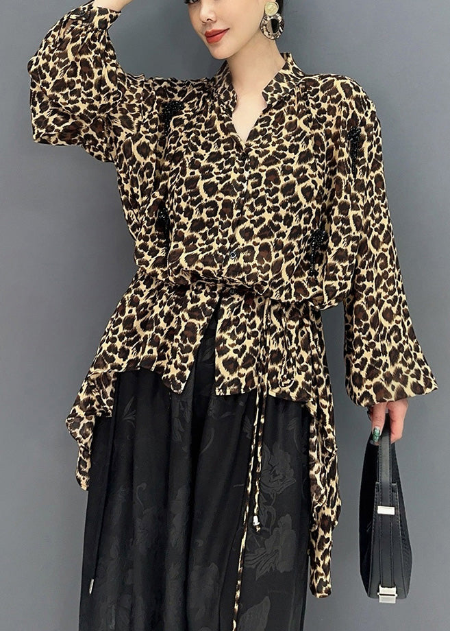 Leopard Stand Collar Asymmetrical Design Tops Fall