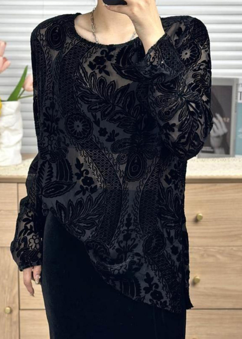 Black O Neck Jacquard Silk Velour Shirt Tops Fall