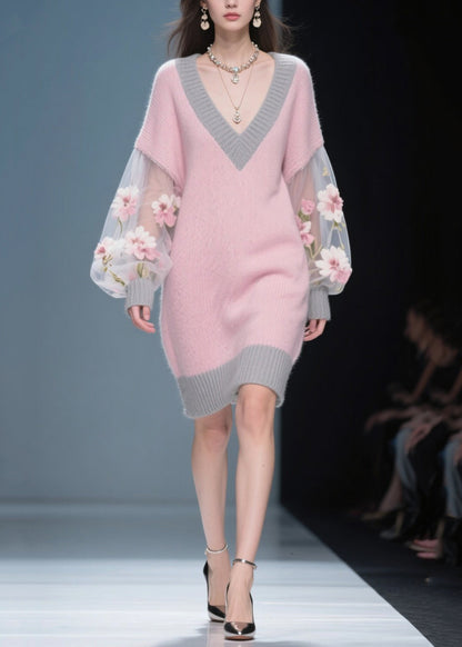 Pink Flower Patchwork Tulle Knit Sweater Dress Fall