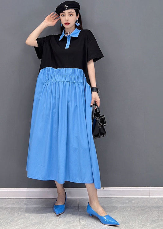 Loose Blue Colorblock Peter Pan Collar Patchwork Pleated Cotton Shirt Dress Short Sleeve