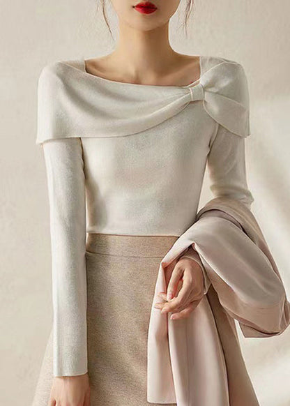 White Square Collar Bow Patchwork Cotton Knit Tops Fall