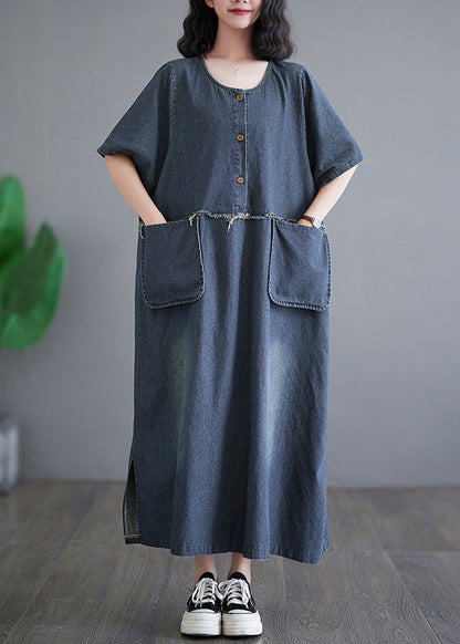 Denim Blue Patchwork Side Open Button Maxi Dresses Short Sleeve