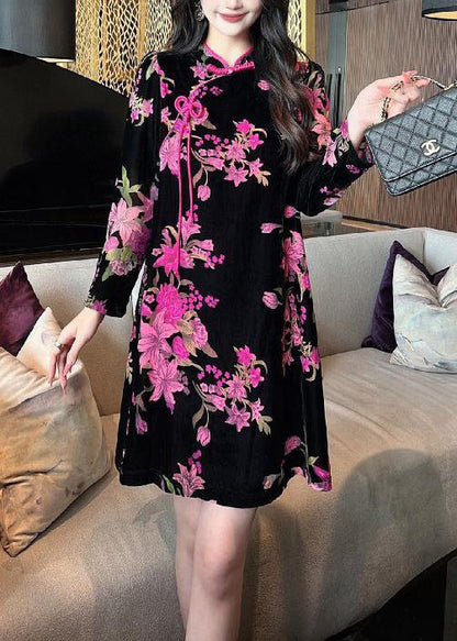 Black Chinese Button Print Silk Velour Mid Dress Long Sleeve