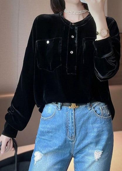 Black O Neck Button Patchwork Silk Velour Tops Fall