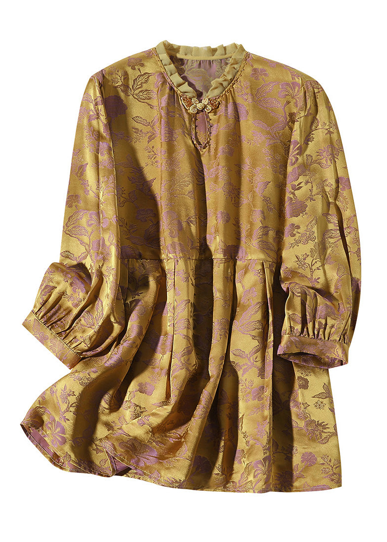 Gold Stand Collar Print Button Silk Tops Long Sleeve