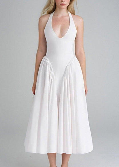 New White V Neck Pockets Cotton Dress Sleeveless