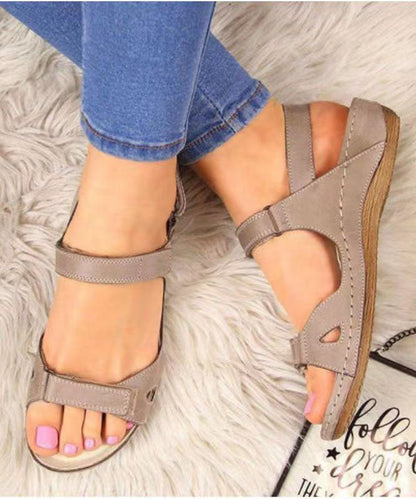 Splicing Peep Toe Wedge Sandals Brown Faux Leather