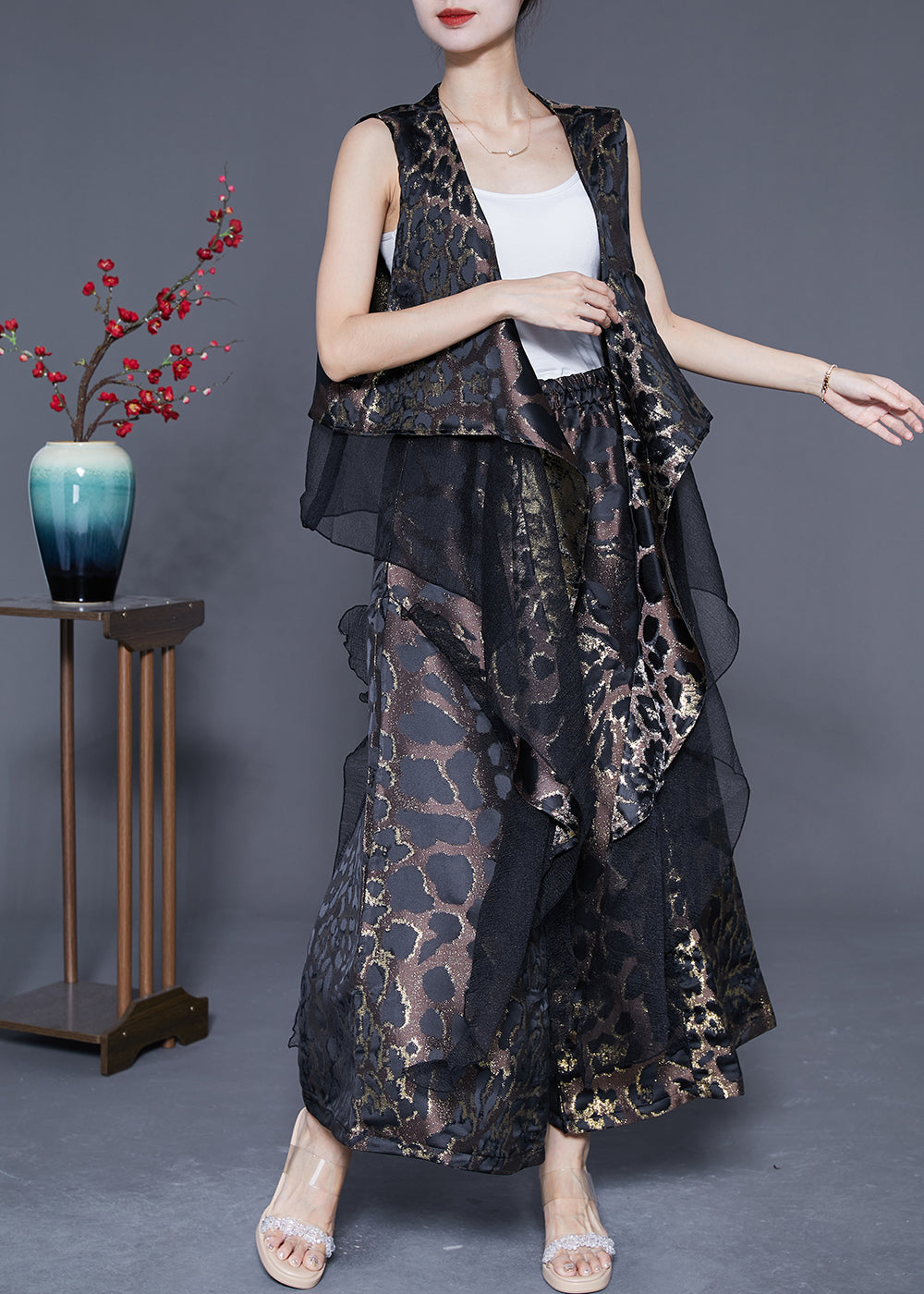 Black Patchwork Silk Two-piece Set Oversized Leopard Print Summer