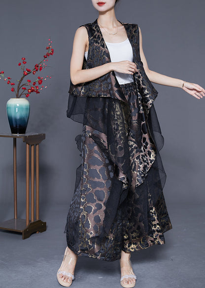 Black Patchwork Silk Two-piece Set Oversized Leopard Print Summer