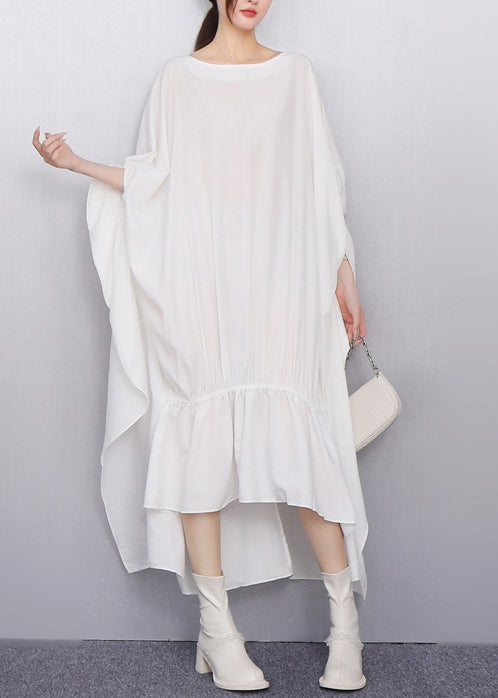 White Oversized Low High Design Cotton Dress Batwing Sleeve
