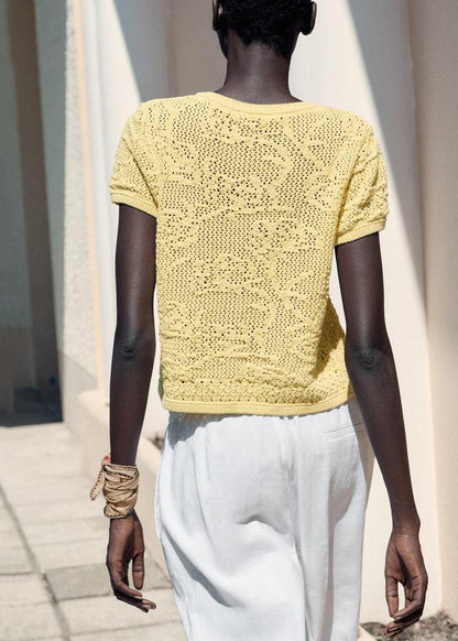 Yellow Button Hollow Out Knit T Shirt Summer