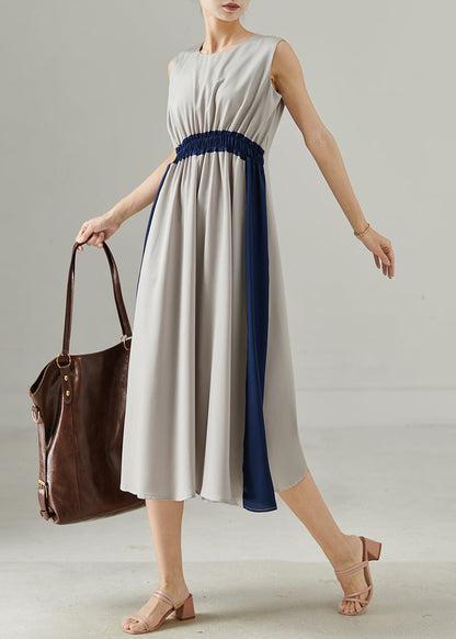 Grey Elastic Waist Patchwork Chiffon Holiday Dress Summer