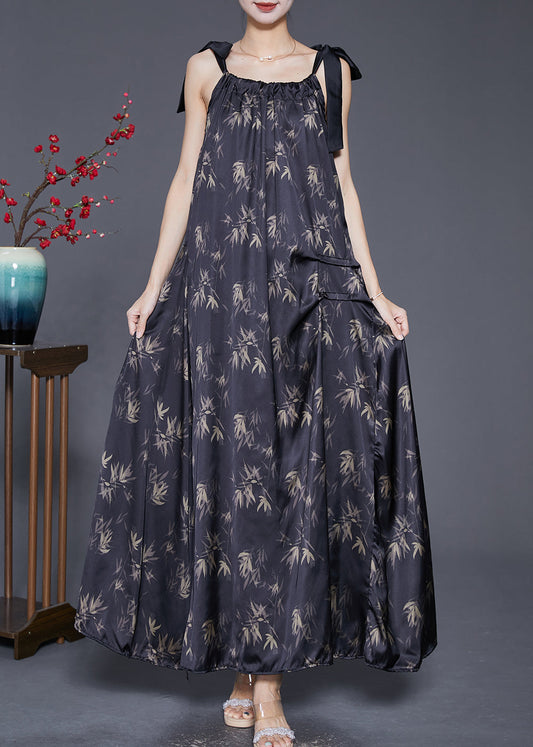 Black Print Wrinkled Silk Strap Dresses Summer