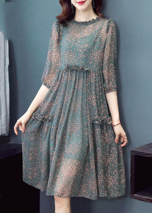 Boutique Green O-neck Ruffled Print Chiffon Dresses Half Sleeve