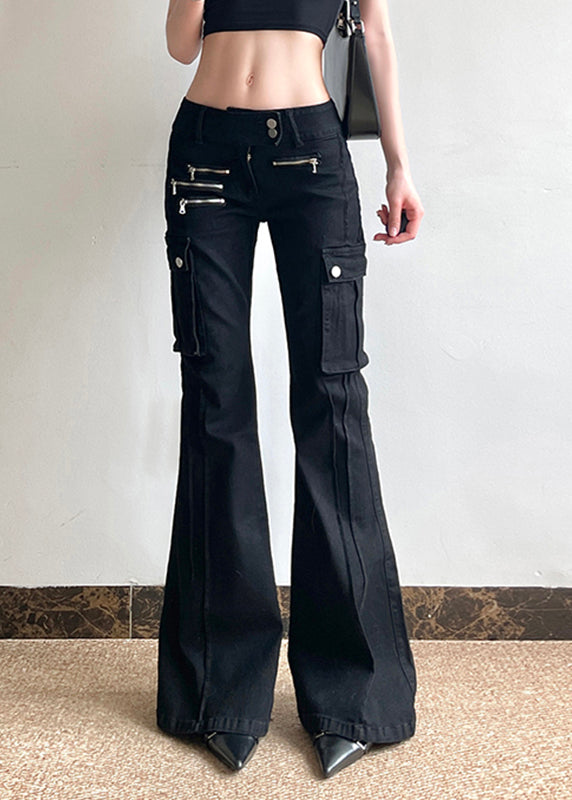 Black Zippered Pockets Patchwork High Waist Denim Flared Trousers