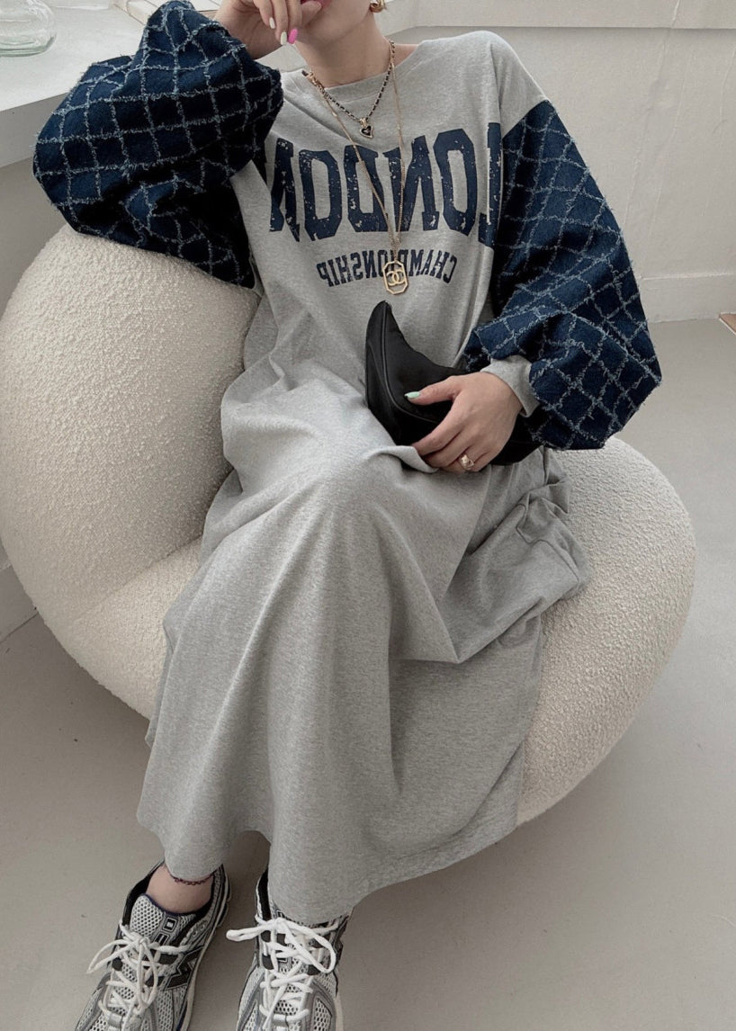Grey Oversized Patchwork Cotton Sweatshirt Dress Lantern Sleeve