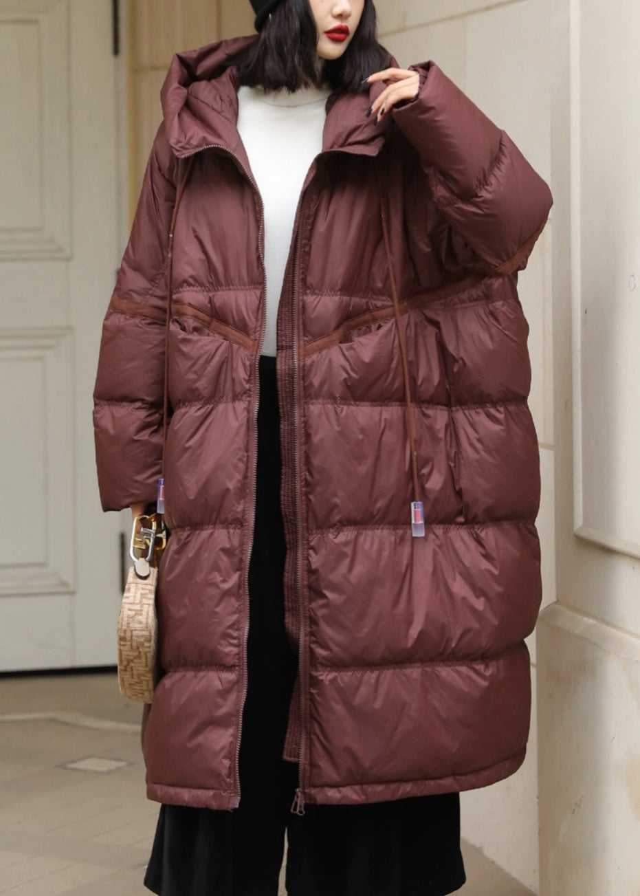 Green Drawstring Zippered Duck Down Long Down Coat Long Sleeve