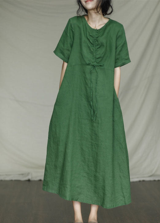 Green Pockets Linen Dress Short Sleeve
