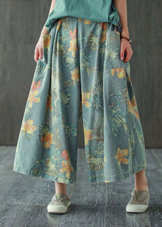 Light Blue Elastic Waist Pockets Print Cotton Wide Leg Pants Spring